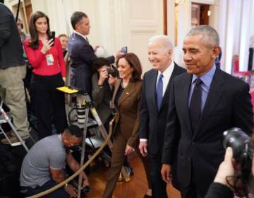 Vice President Harris, President Biden and former President Barack Obama arrive to deliver remarks on the Affordable Care Act and Medicaid in the East Room of the White House on Tuesday.