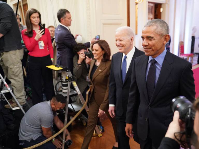 Vice President Harris, President Biden and former President Barack Obama arrive to deliver remarks on the Affordable Care Act and Medicaid in the East Room of the White House on Tuesday.