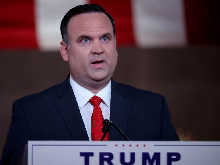 Then-White House Deputy Chief of Staff for Communications Dan Scavino delivers a recorded address for the Republican National Convention on Aug. 26, 2020, in the empty Mellon Auditorium in Washington, D.C. (Chip Somodevilla/Getty Images)