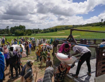 Volunteers unload food aid in Chena, Ethiopia, one of many parts of the world where conflict has fueled hunger. (Jemal Countess/Getty Images)