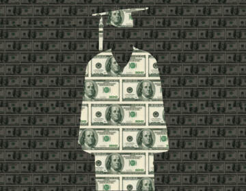 An illustration depicts a college graduation cap and gown made of $100 bill.