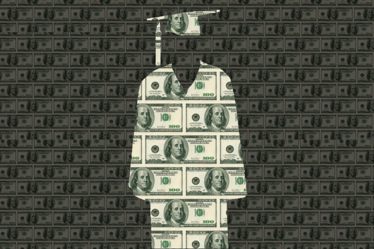 An illustration depicts a college graduation cap and gown made of $100 bill.