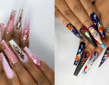 Two photos side-by-side show elaborately designed and painted nails.