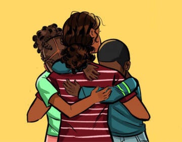 Three people are hugging in each other with a yellow background in this illustration.
