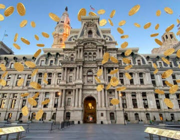 An illustration of Philly City Hall is overlayed with bitcoin