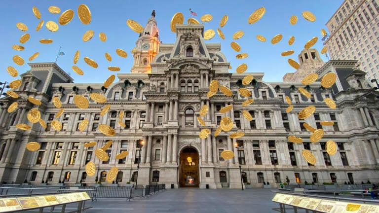 An illustration of Philly City Hall is overlayed with bitcoin