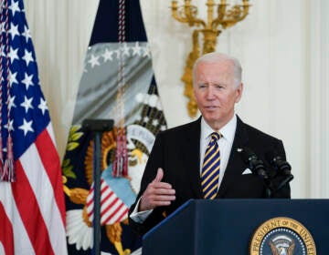 President Joe Biden speaks during the 2022 National and State Teachers of the Year event in the East Room of the White House in Washington, Wednesday, April 27, 2022. (AP Photo/Susan Walsh)