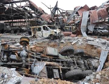 A view of destroyed during a heavy fighting part of the Illich Iron & Steel Works Metallurgical Plant