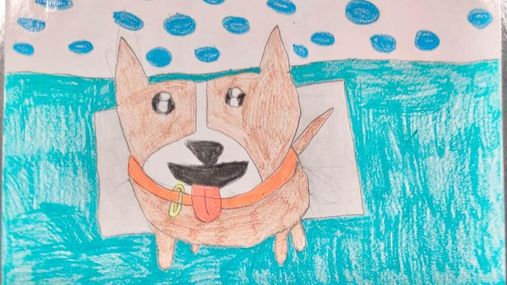 A student's drawing of Sleigh Ride the dog