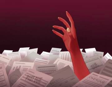 An illustration of a hand reaches out from a pile of papers.