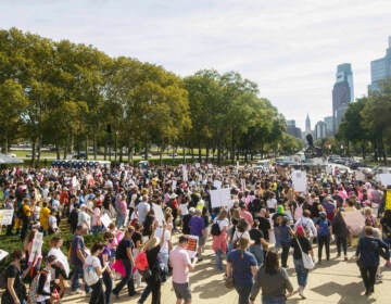 Marchers walk from the art museum to Philadelphia City Hall as part of an abortion rights rally