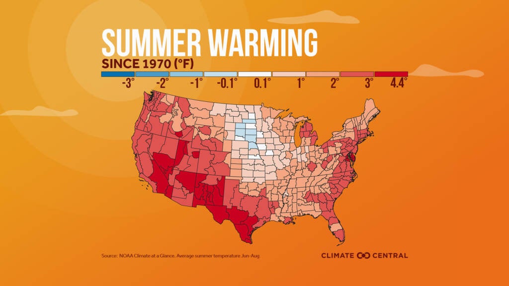 Map of rising summer temperatures. (Climate Central)