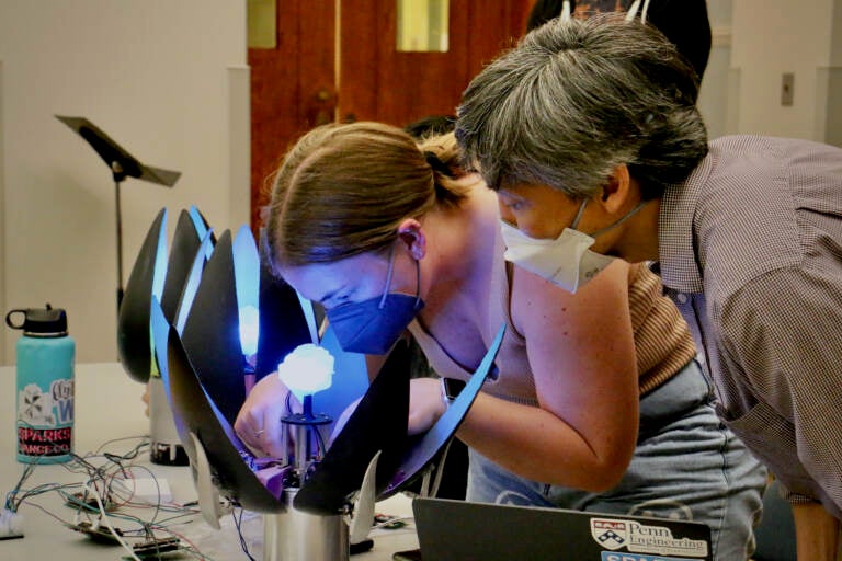 Penn GRASP Lab student Lilian Stoesser works on a robotic flower that is programmed to open and close in response to the music of ''Beyond the Binary.''