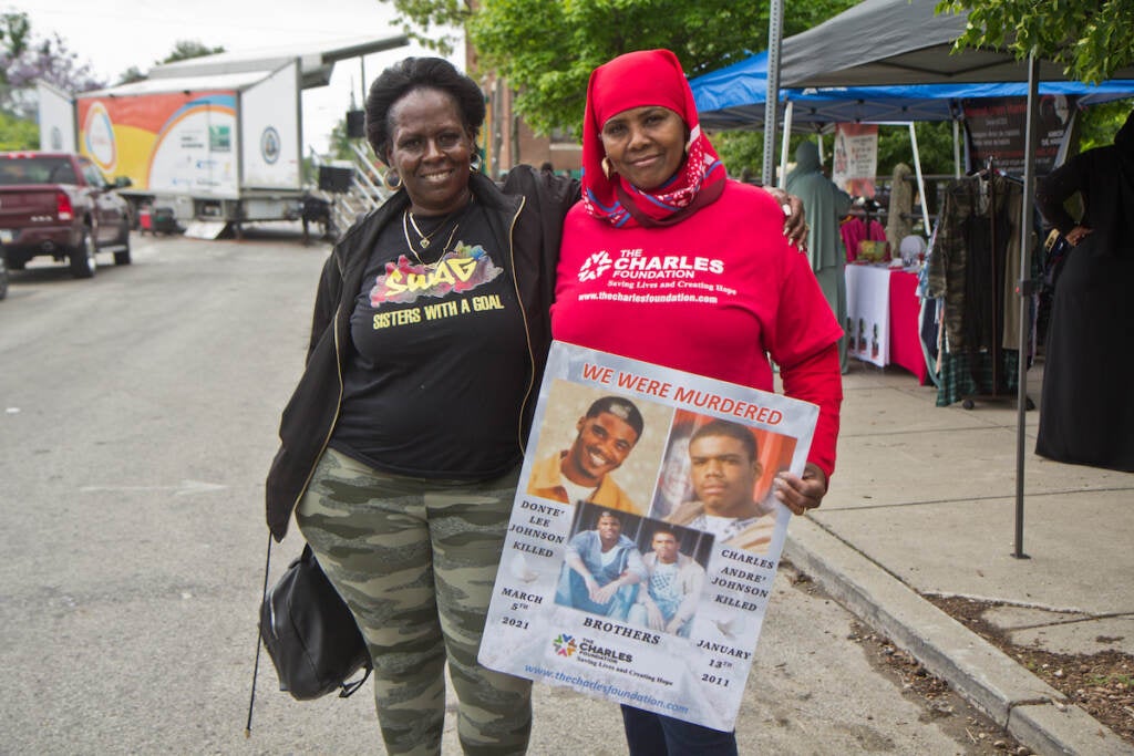 Ivy Johnson (left), founder of SWAG, Sisters With A Goal, an organization in Philadelphia’s Germantown neighborhood that offers mediation for conflict resolution, with former Pa. State Rep. Movita Johnson  (right) at the Day of Serenity on May 15, 2022.