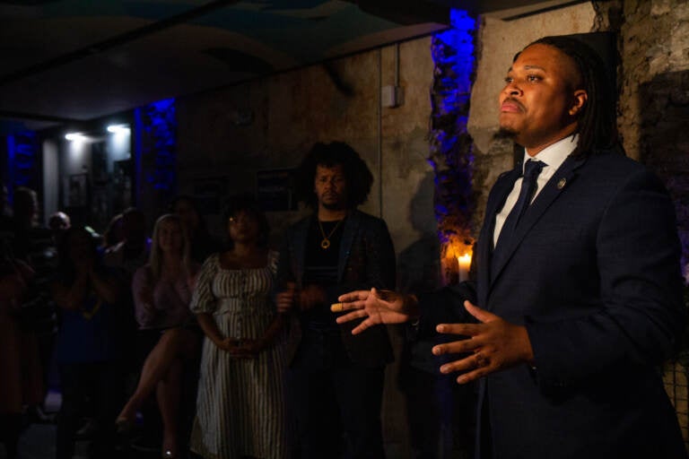 Malcolm Kenyatta concedes the democratic nomination in Pennsylvania U.S. Senate race and vows to help John Fetterman beat the Republican nominee at his watch party in Philadelphia on May 17, 2022. (Kimberly Paynter/WHYY)