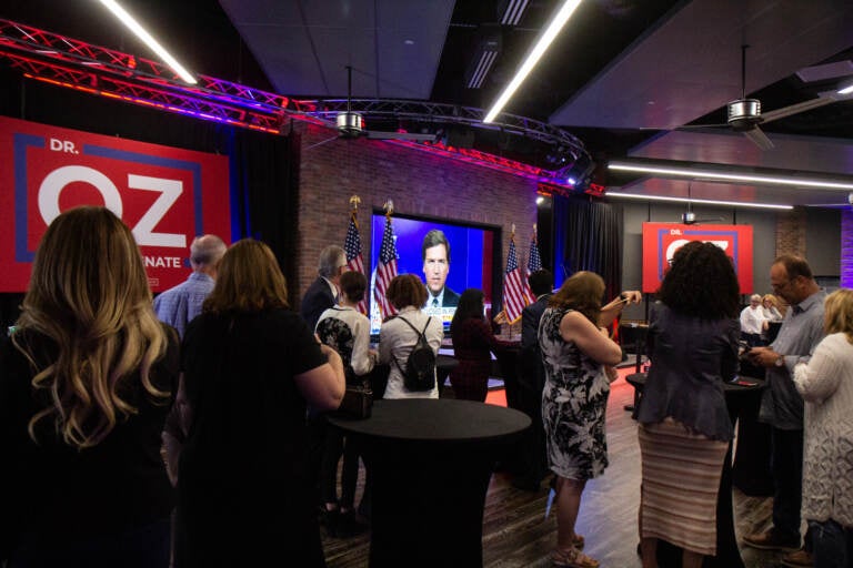 Inside Dr. Oz’s watch party, where only ''red badge'' media are permitted to shoot the main event. (Kimberly Paynter/WHYY)