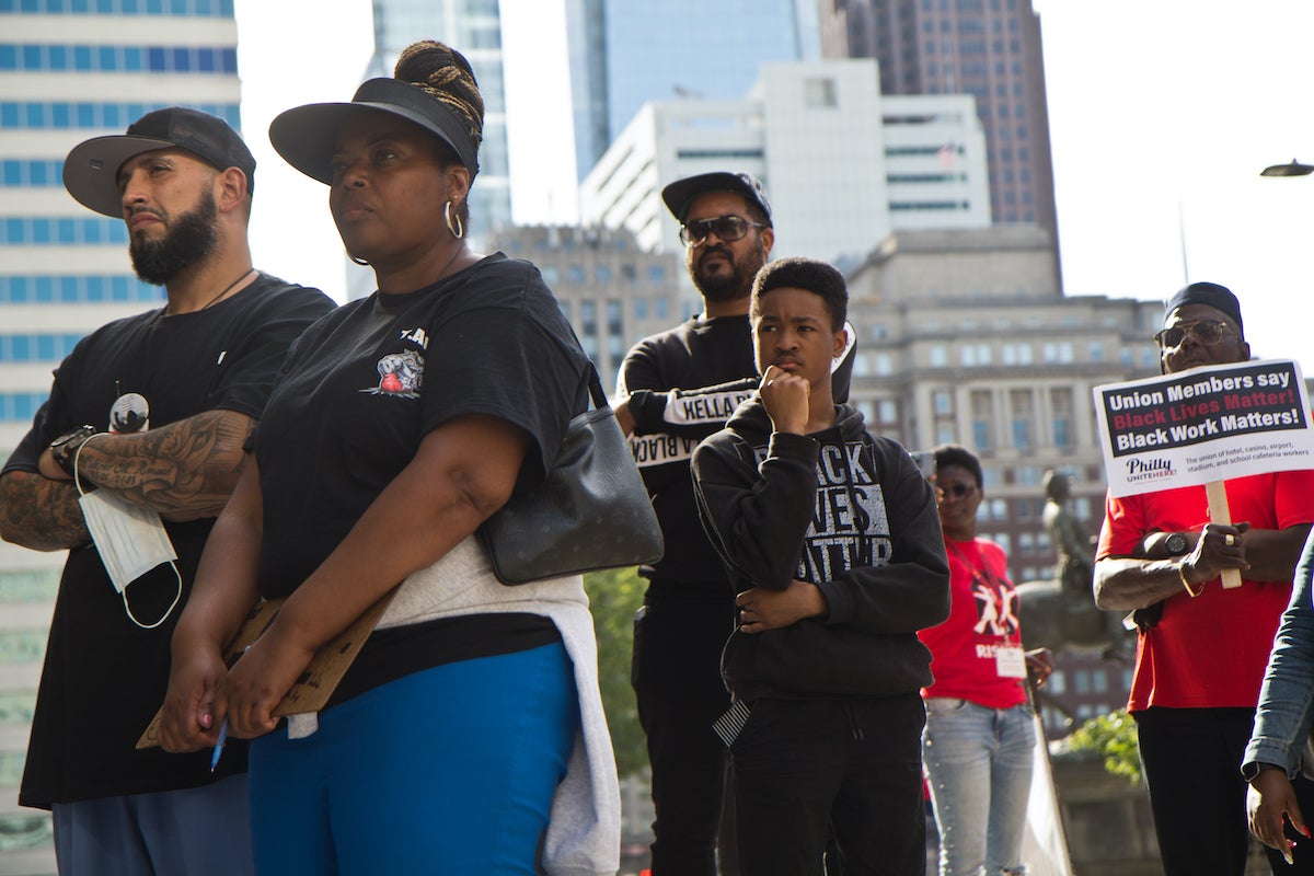 Members of local labor unions gathered at City Hall in Philadelphia at a vigil to mark two years since the murder of George Floyd and rally for political action for social change on May 25, 2022. (Kimberly Paynter/WHYY)