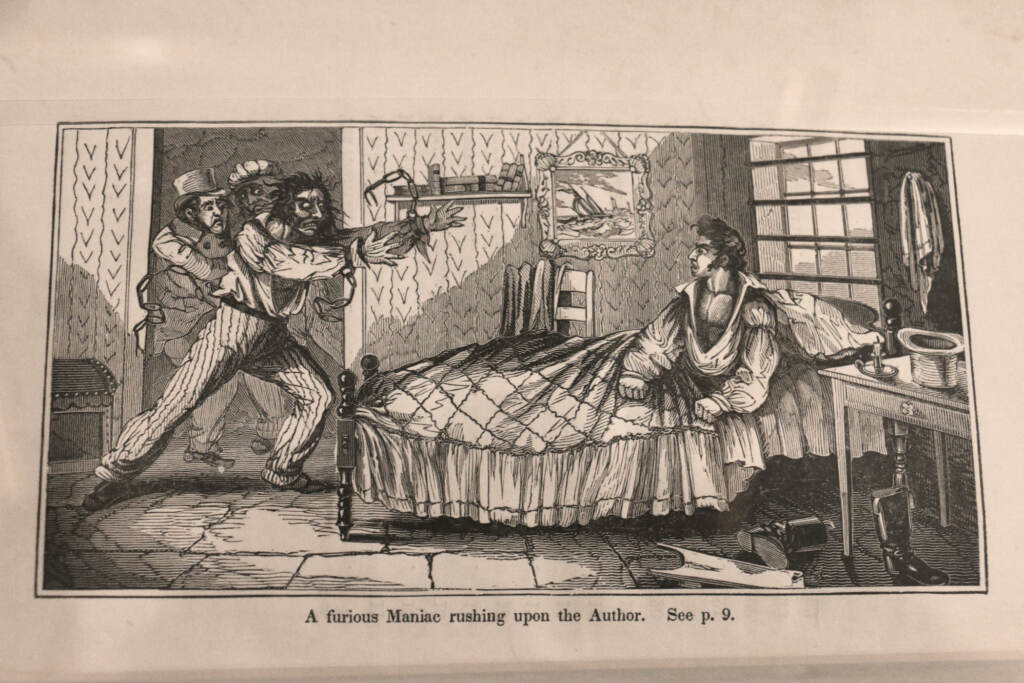 Illustration from a text by John Derby showing disturbing episodes of his experiences in mental institutions.