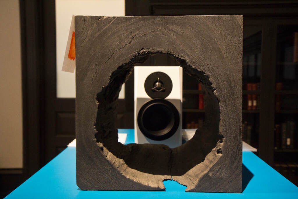 A wooden object is in front of a speaker in an art exhibit.