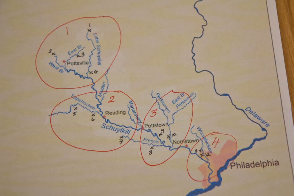 A map of the Schuylkill River with markings in red.