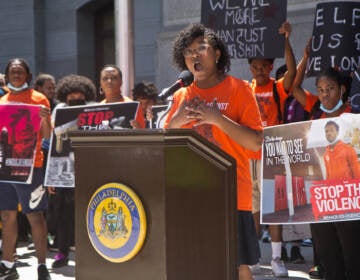 15 year-old Kayla Waddington talked about the need for places for young people to feel safe at a rally against the Philadelphia’s violence crisis outside City Hall on May 31, 2022. (Kimberly Paynter/WHYY)