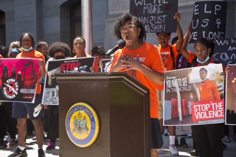 15 year-old Kayla Waddington talked about the need for places for young people to feel safe at a rally against the Philadelphia’s violence crisis outside City Hall on May 31, 2022. (Kimberly Paynter/WHYY)
