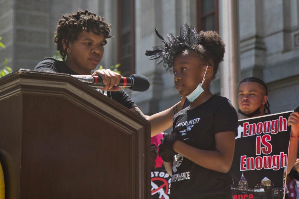 Third grade student Kylee Pearson from Sankofa Freedom Academy Charter School performed a spoken word poem at a rally against gun violence outside City Hall in Philadelphia on May 31, 2022.