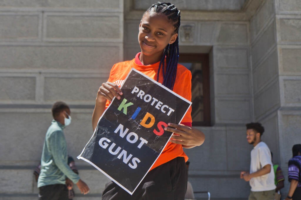 Seventh grade student Morena Brown joined a rally against gun violence with her school and other others outside City Hall in Philadelphia on May 31, 2022.