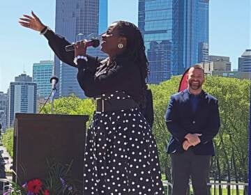 Gospel singer Treena Ferebee at the announcement of the 2022 Welcome America Festival. (Tom MacDonald/WHYY)