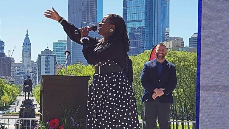 Gospel singer Treena Ferebee at the announcement of the 2022 Welcome America Festival. (Tom MacDonald/WHYY)