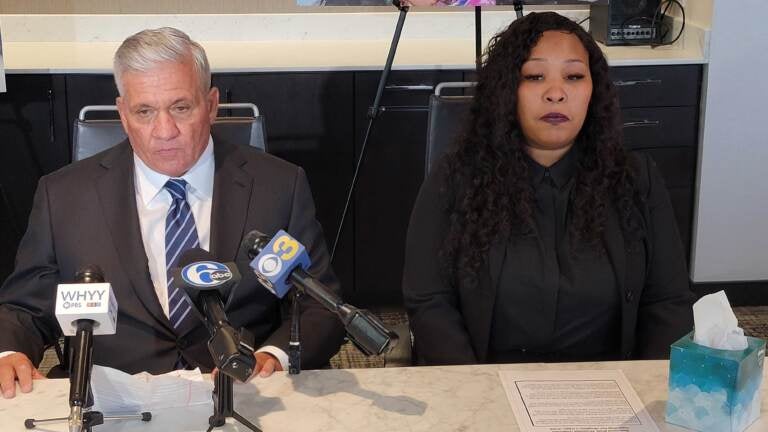 Tawainna Anderson (right) and her attorney at the announcement of Anderson's suit in Philadelphia U.S. District Court against TikTok. (Tom MacDonald/WHYY)