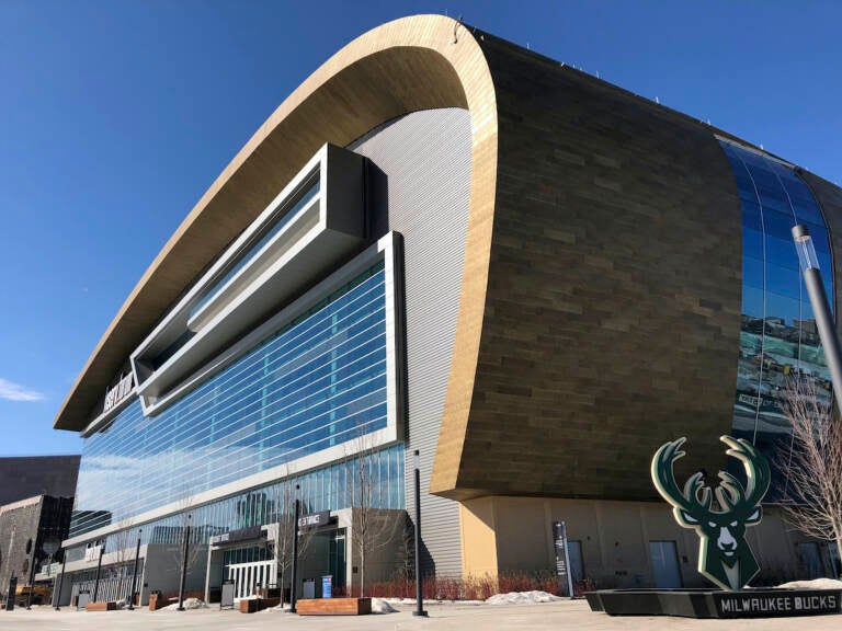 This March 11, 2019 photo shows the Fiserv Forum, Milwaukee's new downtown arena that opened in the summer of 2018. (AP Photo/Carrie Antlfinger)