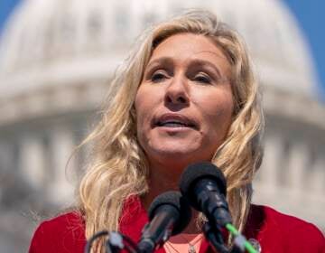 Rep. Marjorie Taylor Greene, R-Ga., speaks about Twitter, Thursday, April 28, 2022, on Capitol Hill in Washington. (AP Photo/Jacquelyn Martin)