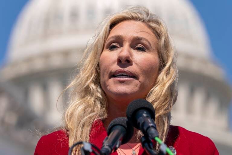 Rep. Marjorie Taylor Greene, R-Ga., speaks about Twitter, Thursday, April 28, 2022, on Capitol Hill in Washington. (AP Photo/Jacquelyn Martin)