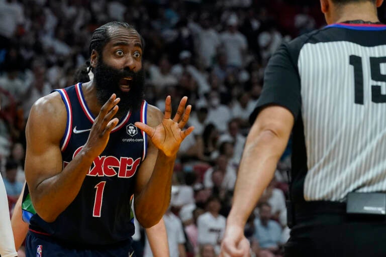 Philadelphia 76ers guard James Harden (1) reacts to a call by referee Zach Zarba (15) during the second half of Game 2 of an NBA basketball second-round playoff series against the Miami Heat, Wednesday, May 4, 2022, in Miami. (AP Photo/Marta Lavandier)