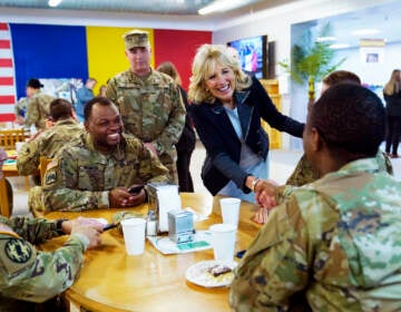 First lady Jill Biden meets U.S. troops during a visit to the Mihail Kogalniceanu Air Base in Romania, Friday, May 6, 2022.  (AP Photo/Susan Walsh, Pool)