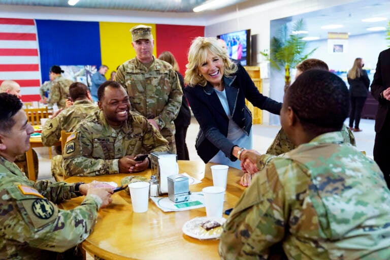 First lady Jill Biden meets U.S. troops during a visit to the Mihail Kogalniceanu Air Base in Romania, Friday, May 6, 2022.  (AP Photo/Susan Walsh, Pool)
