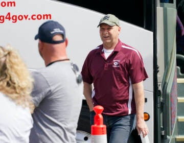 File photo: Pennsylvania state Sen. Doug Mastriano, R-Franklin, right,,a Republican running for Governor of Pennsylvania, arrives at a campaign stop Tuesday, May 10, 2022, in Portersville, Pa. (AP Photo/Keith Srakocic)