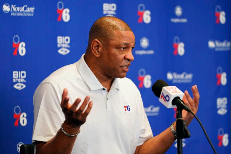 Philadelphia 76ers' Doc Rivers speaks during a news conference at the team's NBA basketball practice facility, Friday, May 13, 2022, in Camden, N.J. (AP Photo/Matt Slocum)