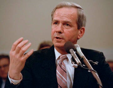 File photo: Former national security adviser Robert C. McFarlane gestures while testifying before the House-Senate panel investigating the Iran-Contra affair on Capitol Hill in Washington, May 13, 1987. (AP Photo/Lana Harris, File)