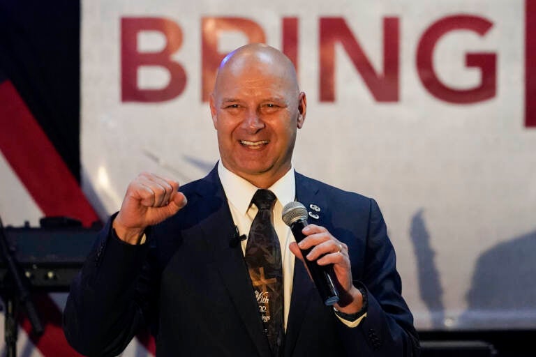 State Sen. Doug Mastriano, R-Franklin, a Republican candidate for Governor of Pennsylvania, speaks at a primary night election gathering in Chambersburg, Pa., Tuesday, May 17, 2022. (AP Photo/Carolyn Kaster)