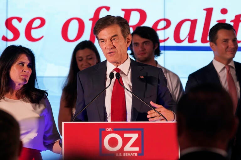 Mehmet Oz, a Republican candidate for U.S. Senate in Pennsylvania, speaks to supporters at a primary night election gathering in Newtown, Pa., Tuesday, May 17, 2022. (AP Photo/Seth Wenig)