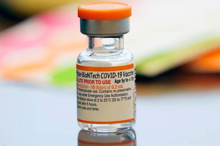 A vial of the Pfizer-BioNTech COVID-19 vaccine for children 5 to 12 years old sits ready for use at a vaccination site in Fort Worth, Texas, Thursday, Nov. 11, 2021. (AP Photo/LM Otero)