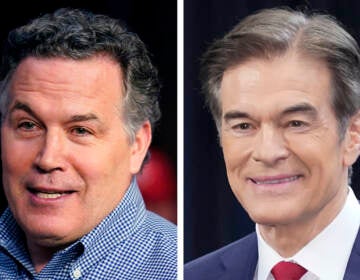 Pennsylvania Republican Senate candidates David McCormick (left) and Mehmet Oz during campaign appearances in May 2022 in Pennsylvania. (AP Photo/File)