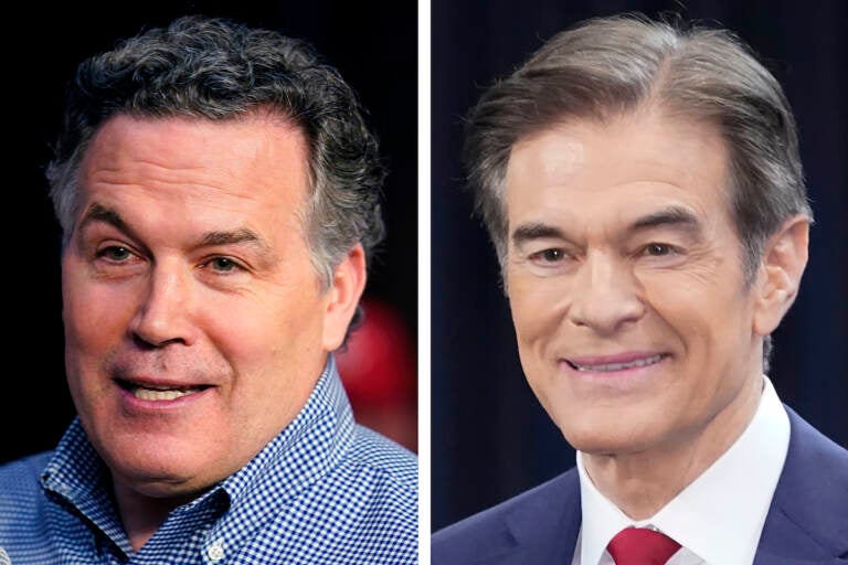 Pennsylvania Republican Senate candidates David McCormick (left) and Mehmet Oz during campaign appearances in May 2022 in Pennsylvania. (AP Photo/File)