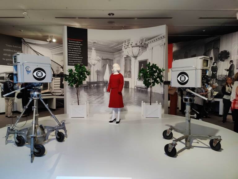 A mock-up of the CBS TV production inside the White House. The Jackie Kennedy mannequin is dressed in a re-creation of the red suit she wore for the TV house tour
