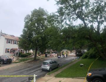 The scene outside the house that exploded near Butler Avenue in Pottstown, Montgomery County. (Emily Rizzo/WHYY)