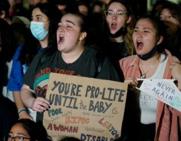 Protesters hold signs in support of Roe v. Wade outside the U.S. Supreme Court