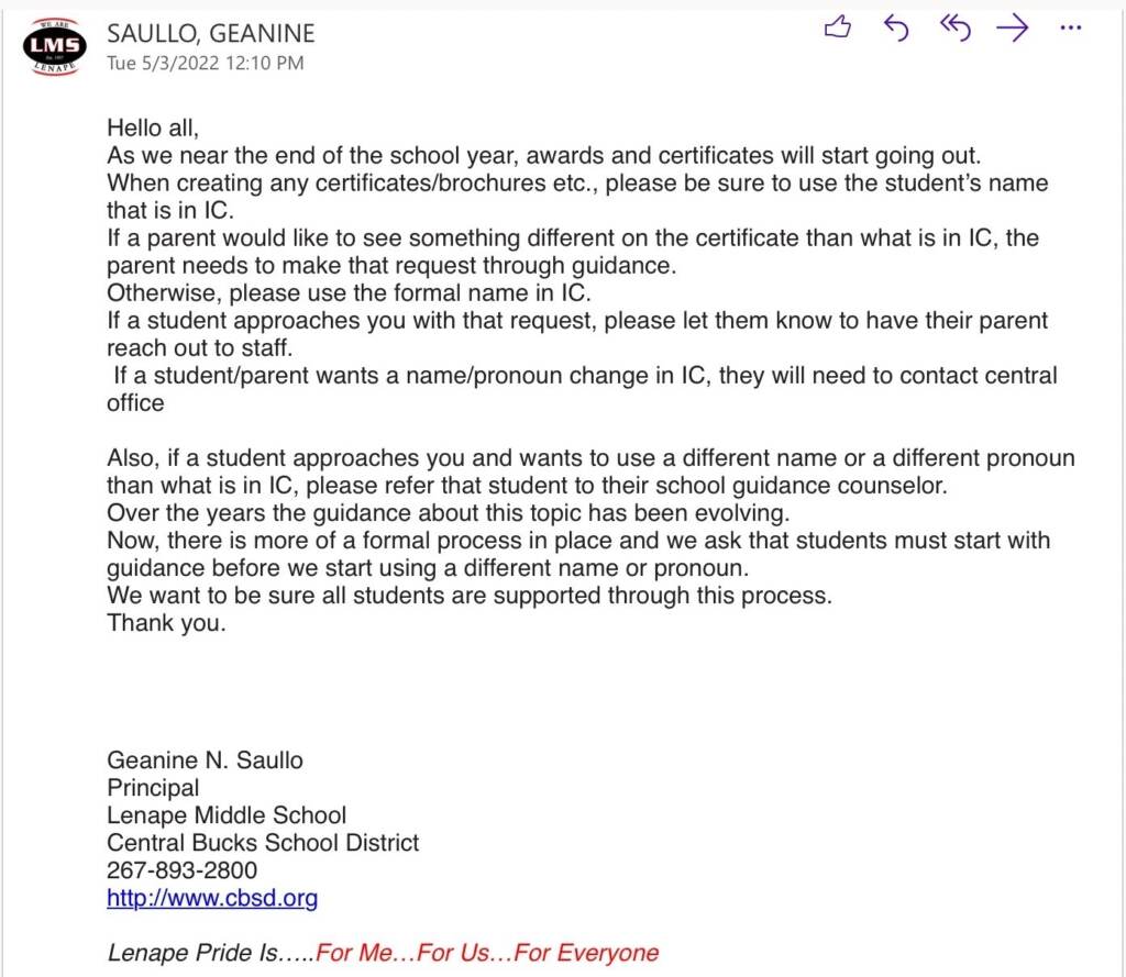 An email from Lenape Middle School Principal Geanine Saullo to teachers regarding the use of student pronouns and names.
