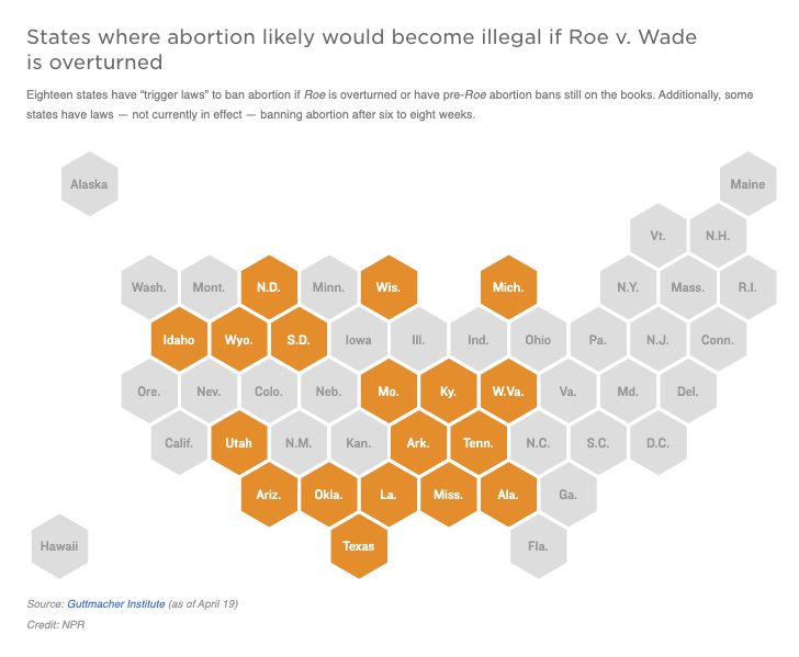 A map of U.S. shows where abortion would likely be banned if Roe were overturned